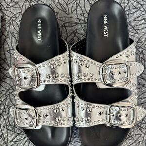 Nine West Metallic Silver Studded Double-Buckle Slides